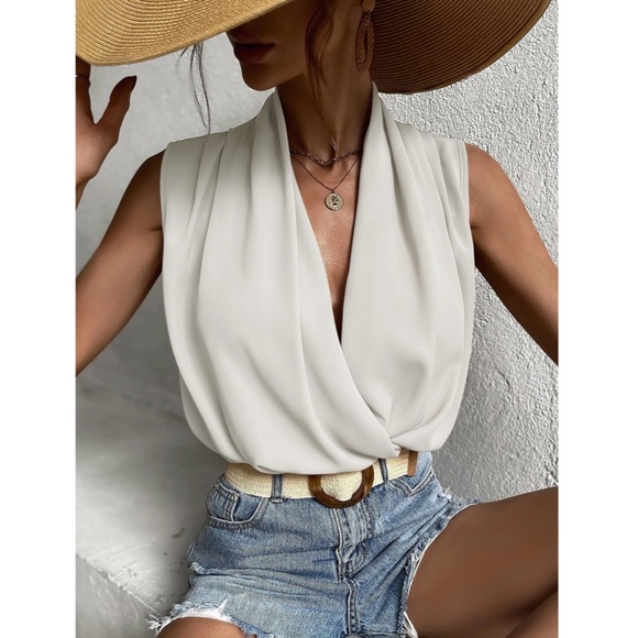 Draped Sleeveless Surplice V-Neck Blouse Top White - Picture 5 of 8